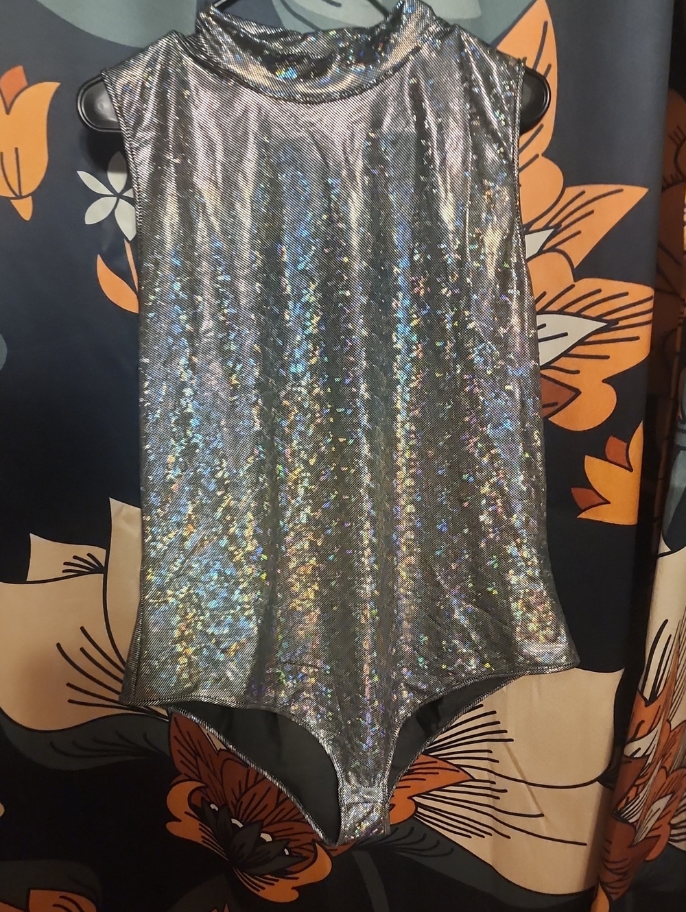 Holographic Silver Sleeveless Mock-Neck Bodysuit